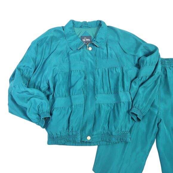 Vintage 90s Chili Pepper Teal Green Ruched Silk Track Suit Set L - Picture 3 of 7